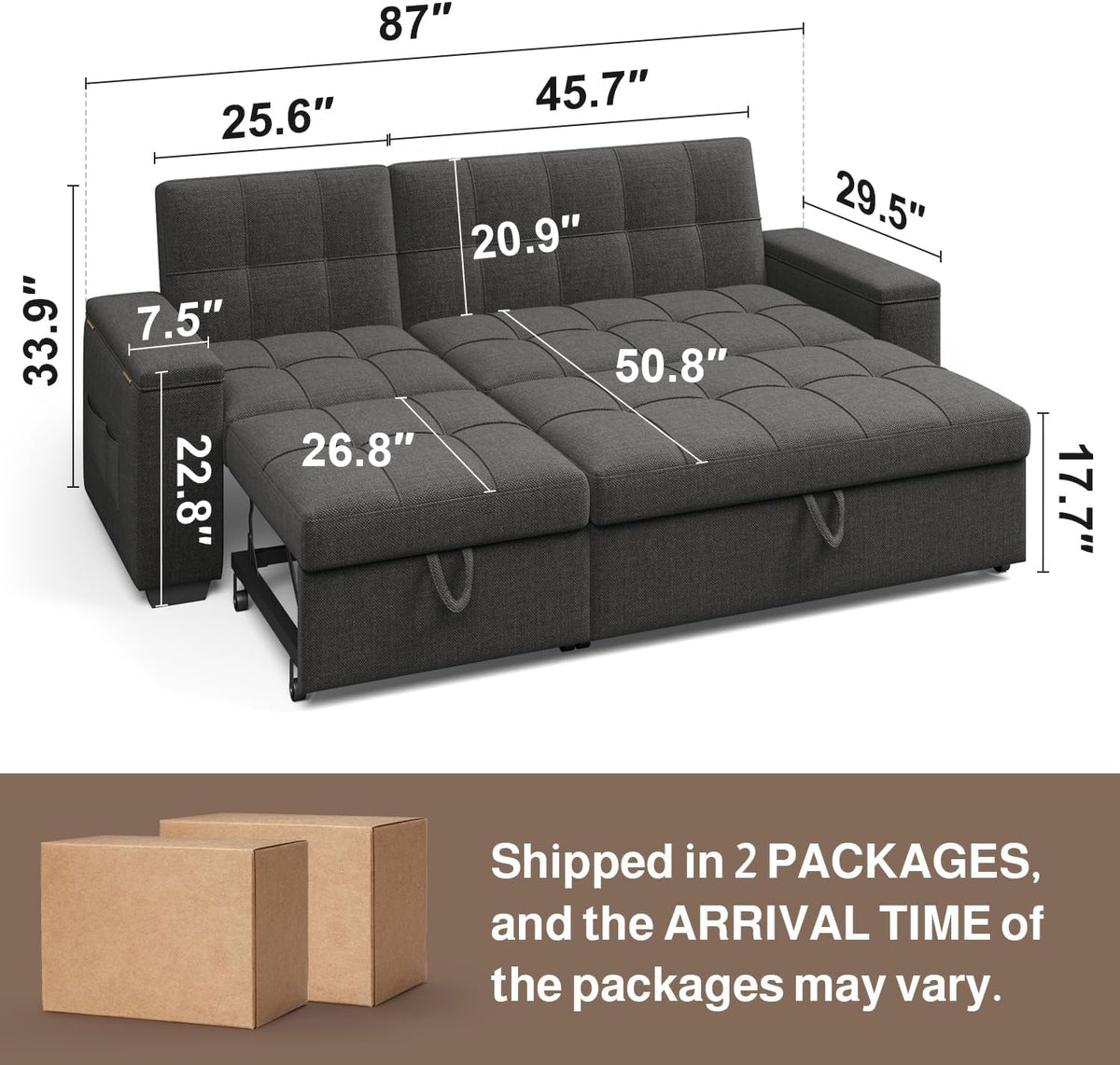 87 Inch Convertible Sofa Bed With Adjustable Backrest by ShipItFurniture