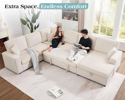 130 Inch Beige Corduroy Sectional Sofa Bed Storage Compartment by ShipItFurniture