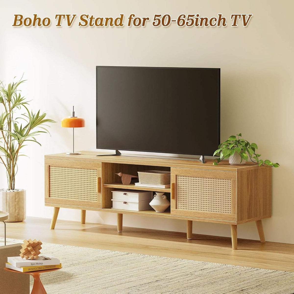 65 Inch Boho TV Stand With Rattan Entertainment Center by ShipItFurniture