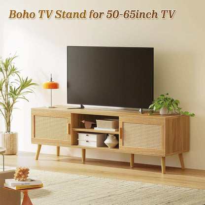 65 Inch Boho TV Stand With Rattan Entertainment Center by ShipItFurniture