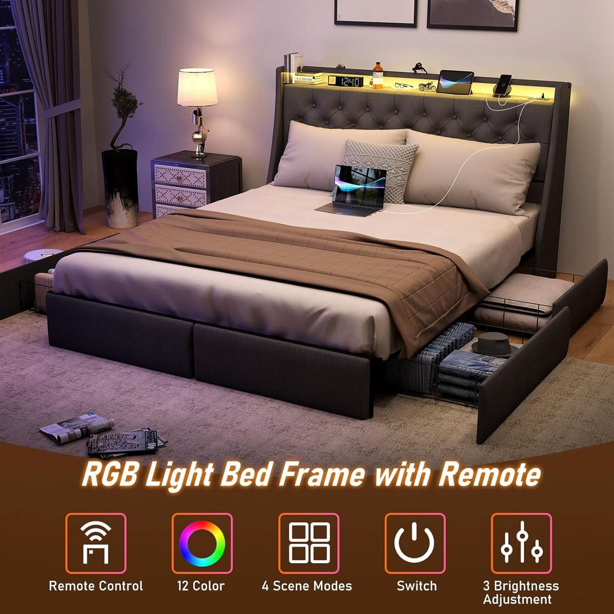 Queen Bed Frame With Storage Headboard LED Lighting by ShipItFurniture