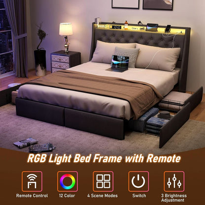 Queen Bed Frame With Storage Headboard LED Lighting by ShipItFurniture