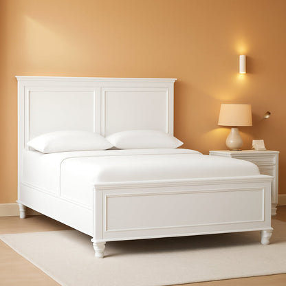 Queen Panel Bed White With Sculpted Ornate Tapered Feet by ShipItFurniture