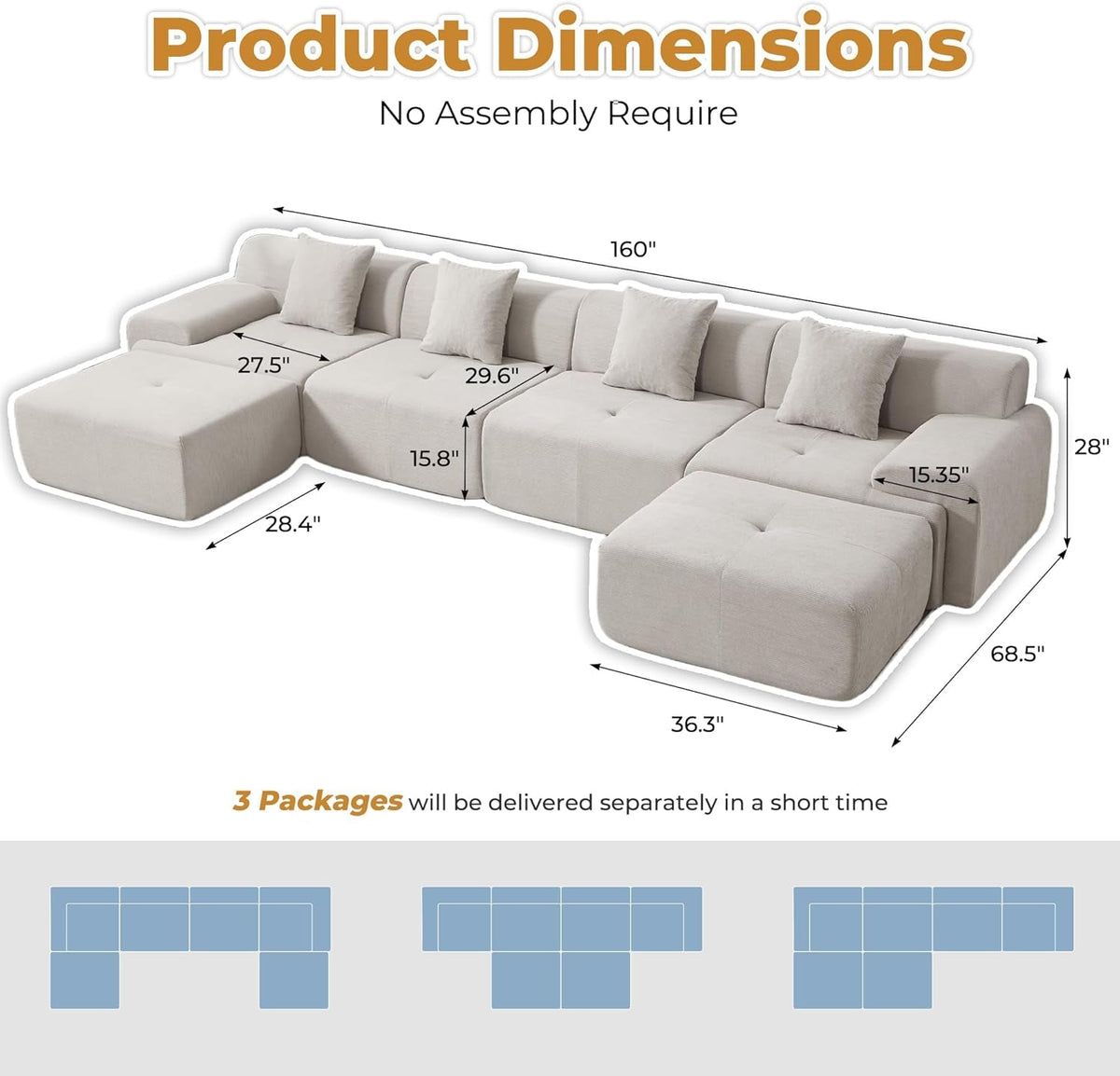 160-Inch U-Shaped Modular Sectional Sofa Camel Ottoman by ShipItFurniture