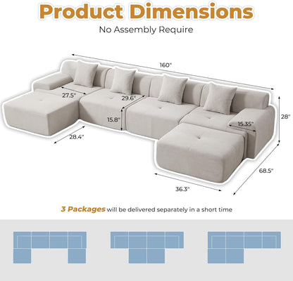 160-Inch U-Shaped Modular Sectional Sofa Camel Ottoman by ShipItFurniture