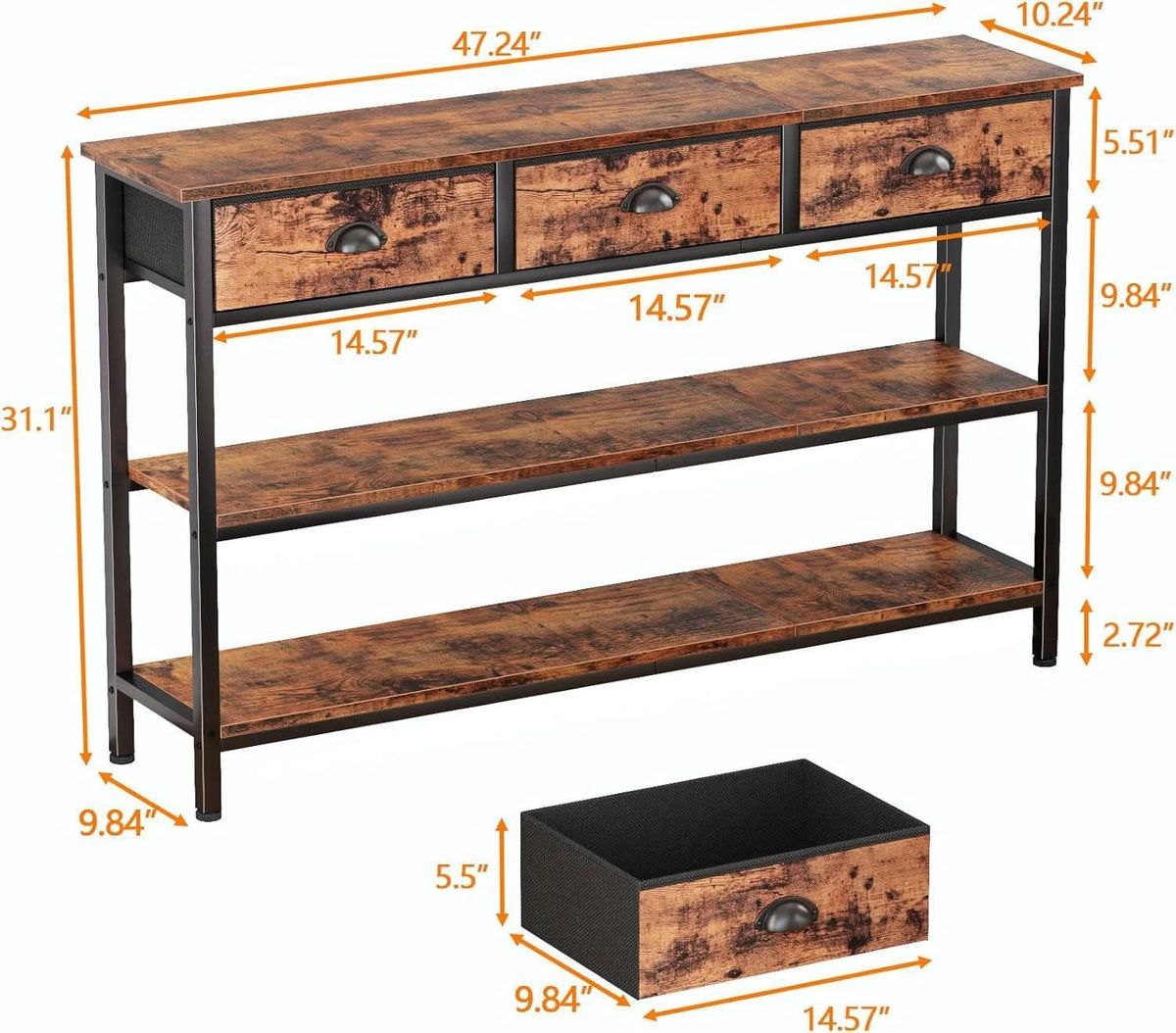 47-Inch Rustic Brown Console Table with 3 Drawers and Storage Shelves by ShipItFurniture