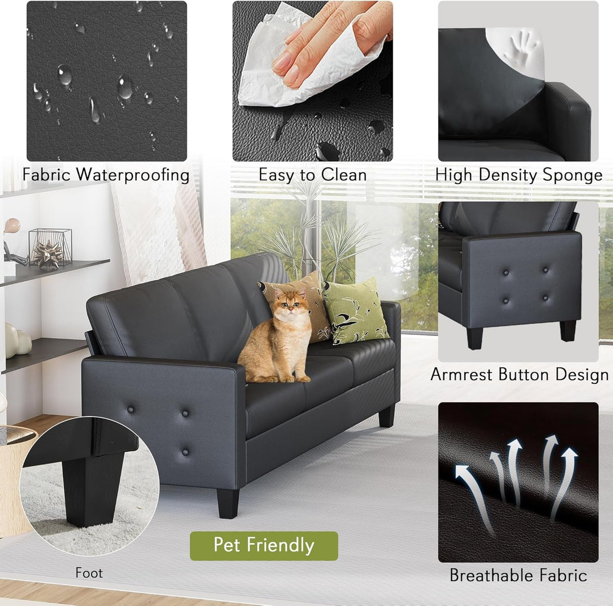 Black Seventy ThreeInch Three Seater Sofa For Living Room by ShipItFurniture