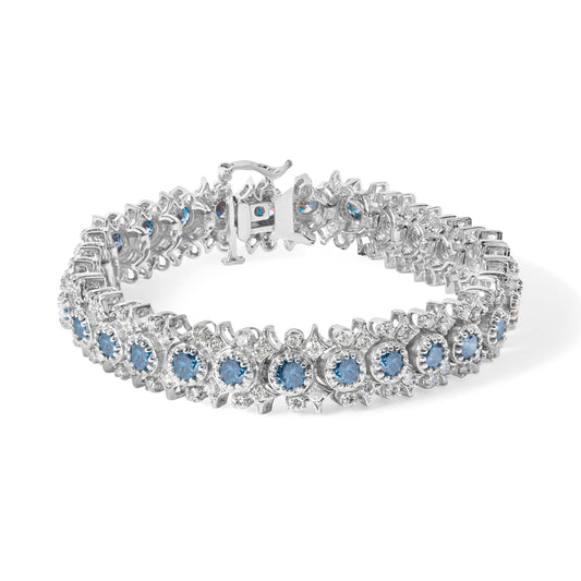 14K White Gold 10.0 Cttw Blue and White Diamond Vintage-Inspired Floral Cluster Link 7" Bracelet (H-I Color, SI2-I1 by Infinite Jewels