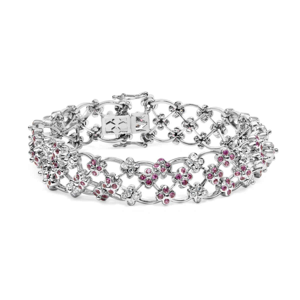 14K White Gold Pink Sapphire and Diamond Floral Lattice Link Bracelet - 7.25" Inches by Infinite Jewels