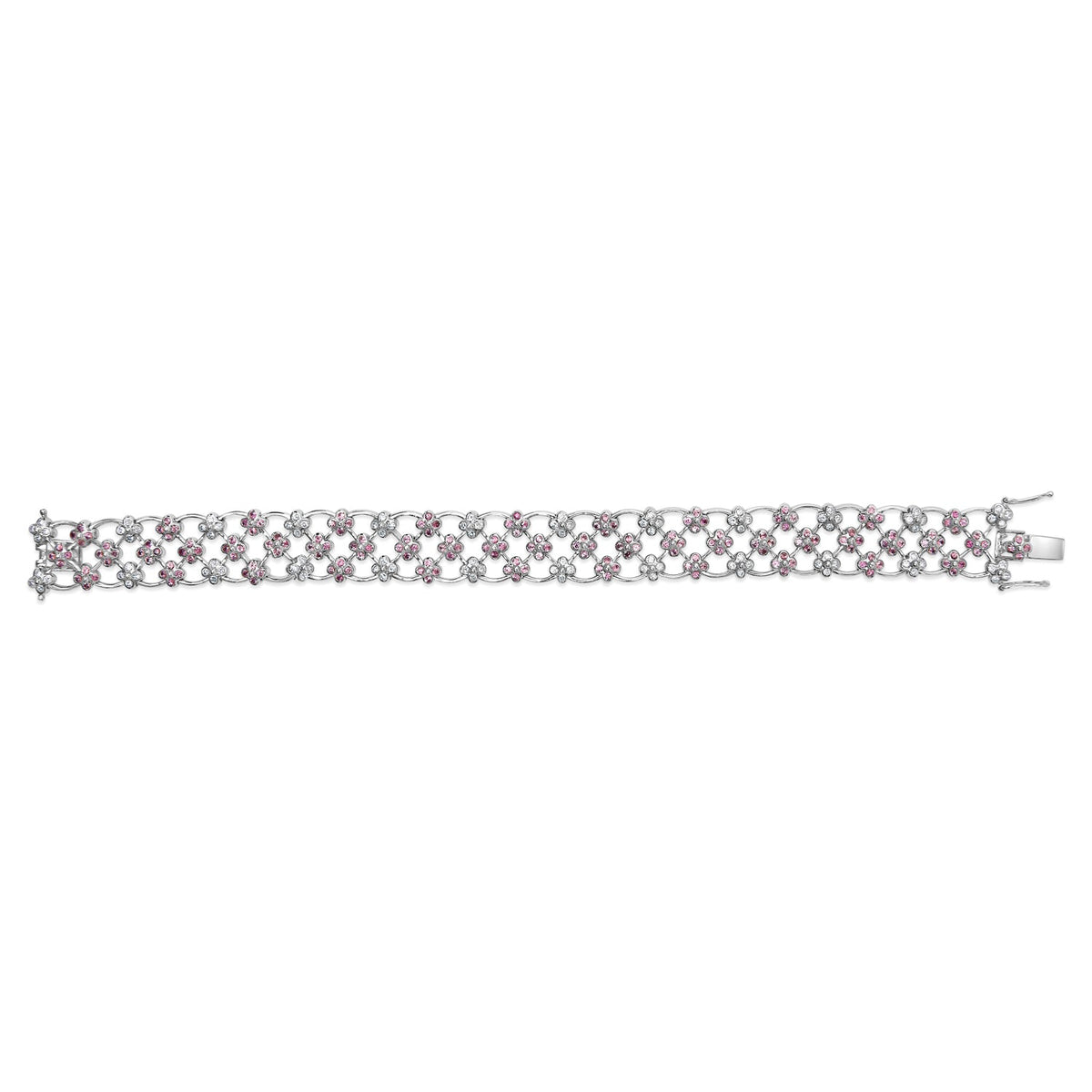 14K White Gold Pink Sapphire and Diamond Floral Lattice Link Bracelet - 7.25" Inches by Infinite Jewels