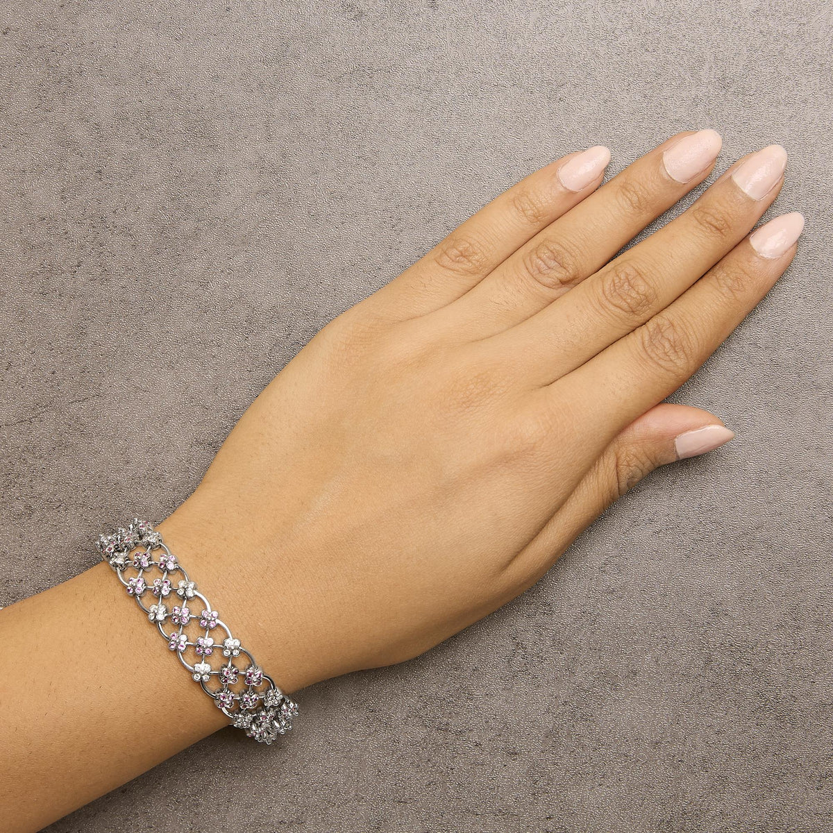 14K White Gold Pink Sapphire and Diamond Floral Lattice Link Bracelet - 7.25" Inches by Infinite Jewels