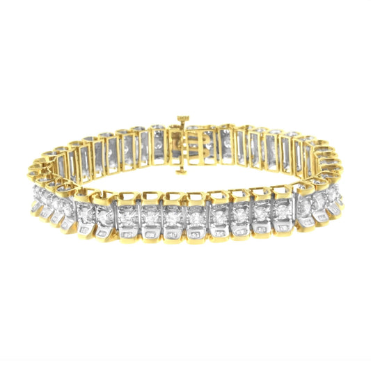 14K Yellow and White Gold 5.0 Cttw Round & Baguette Cut Diamond 7" Reflective Tennis Bracelet (H-I Color, I1-I2 Clarity) by Infinite Jewels