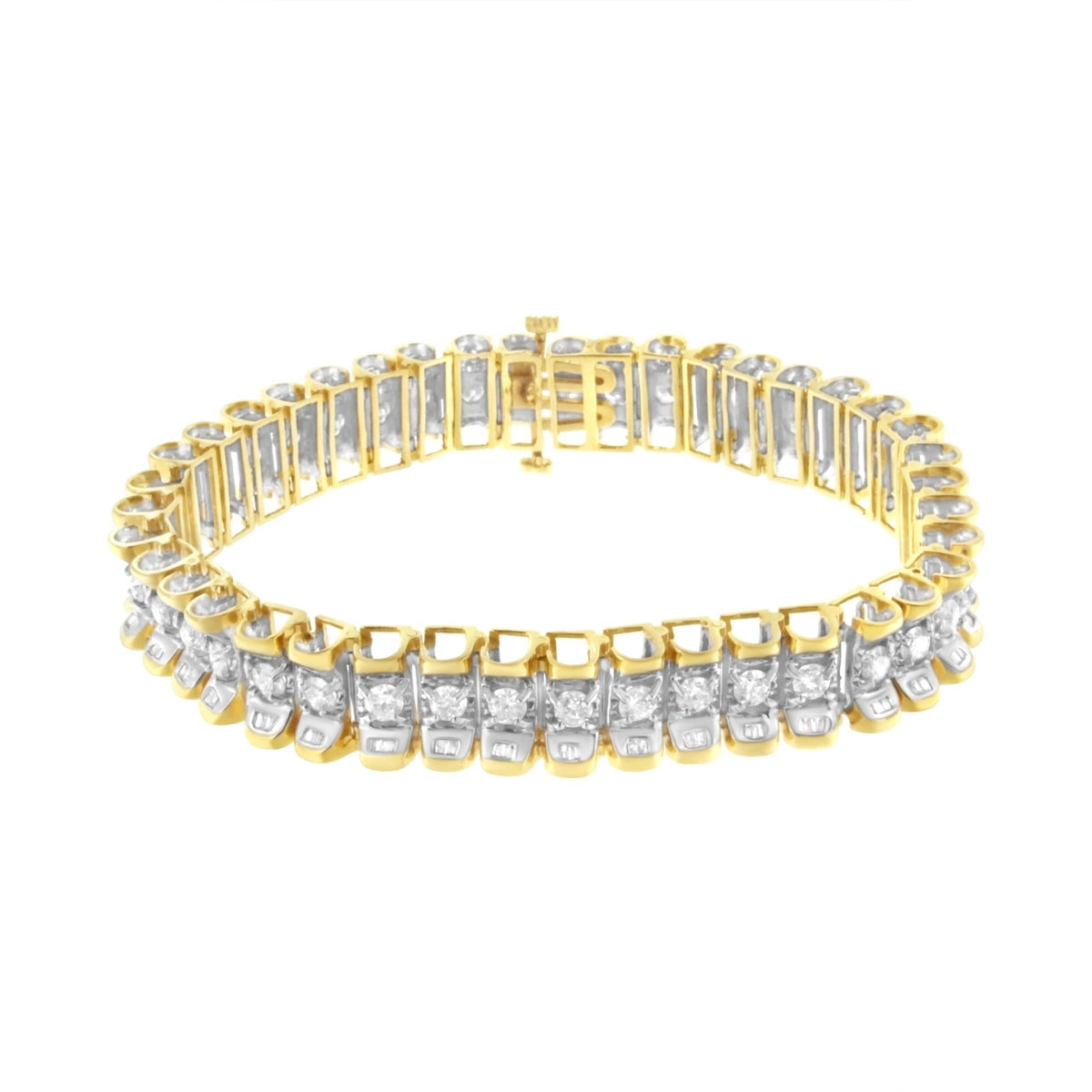 14K Yellow and White Gold 5.0 Cttw Round & Baguette Cut Diamond 7" Reflective Tennis Bracelet (H-I Color, I1-I2 Clarity) by Infinite Jewels