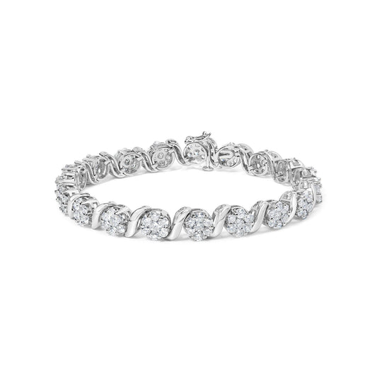 14K White Gold 7 3/8 Cttw Round Brilliant Diamond Floral Cluster and S Link Bracelet (H-I Color, SI2-I1 Clarity) - 7" Inches by Infinite Jewels