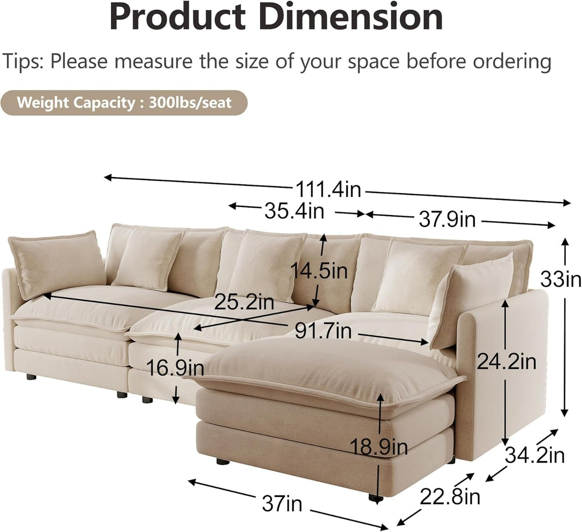 Modular Sectional Sofa 111.5 Inch Movable Ottoman Chenille by ShipItFurniture