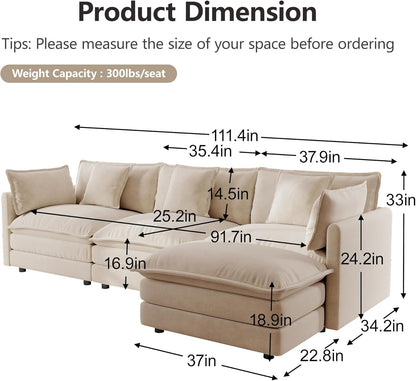 Modular Sectional Sofa 111.5 Inch Movable Ottoman Chenille by ShipItFurniture