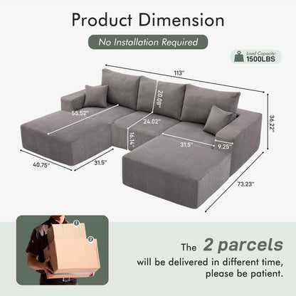 Gray 113 Inch Modular Upholstered Sectional Sofa Sleeper by ShipItFurniture