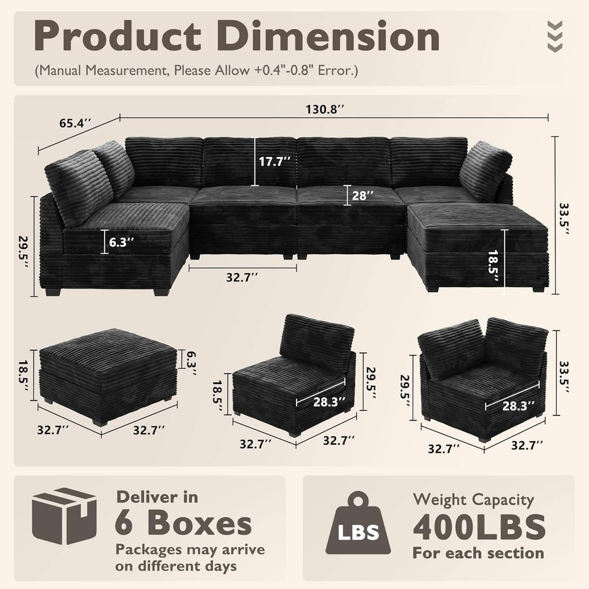 Modular Sectional Sofa Black Corduroy Convertible Sleeper by ShipItFurniture