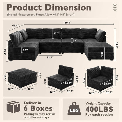 Modular Sectional Sofa Black Corduroy Convertible Sleeper by ShipItFurniture