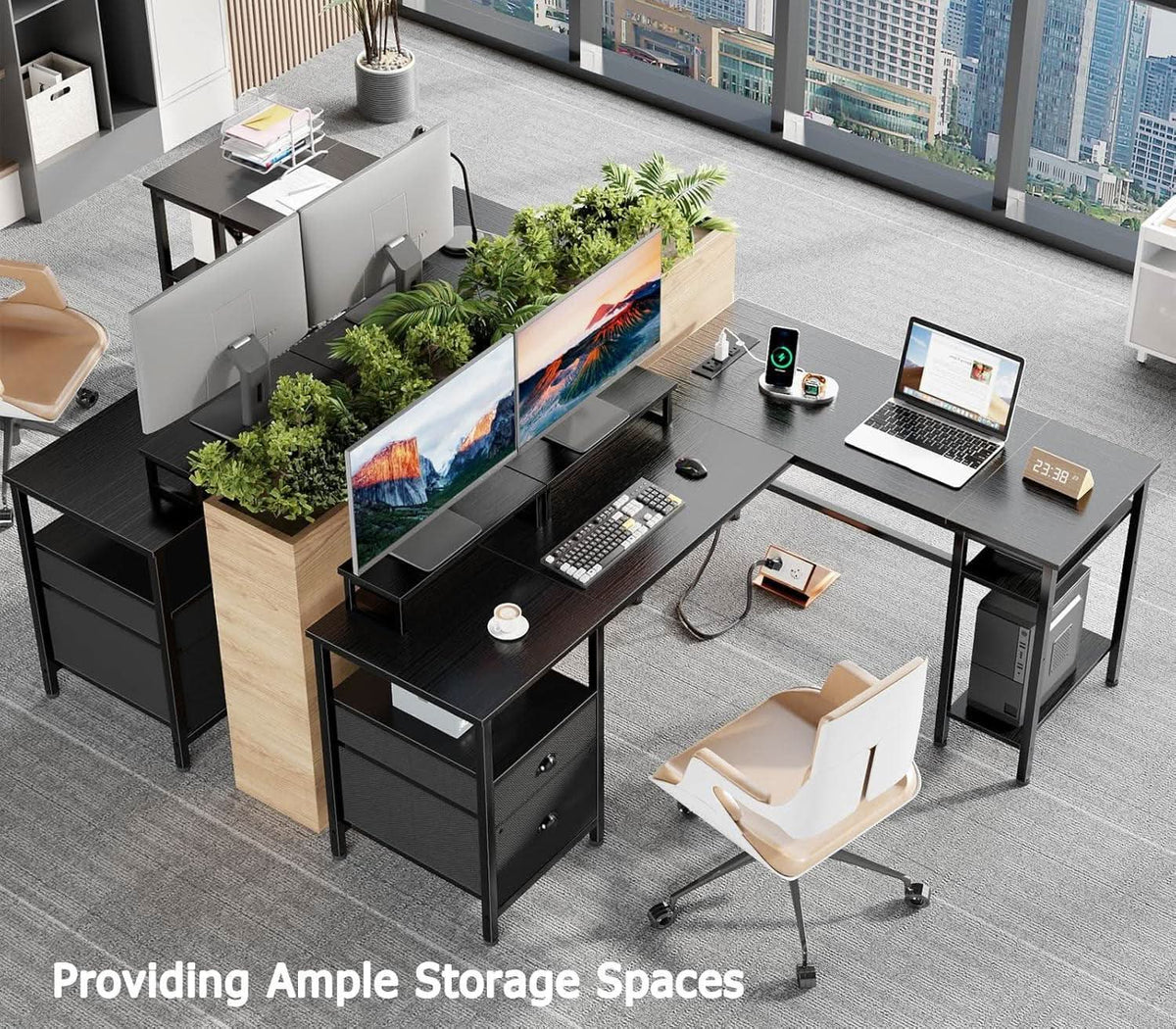 Fifty Nine Inch L Shaped Desk With Black Storage Drawers Unit by ShipItFurniture