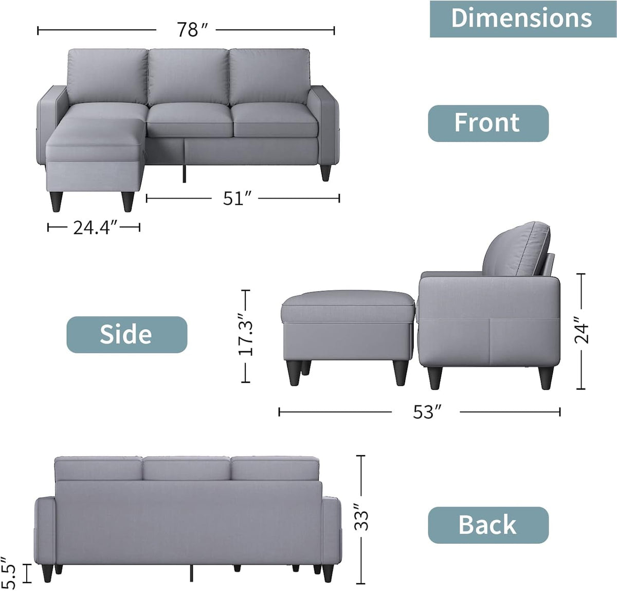Contemporary Gray Sectional Sofa With Storage Ottoman by ShipItFurniture