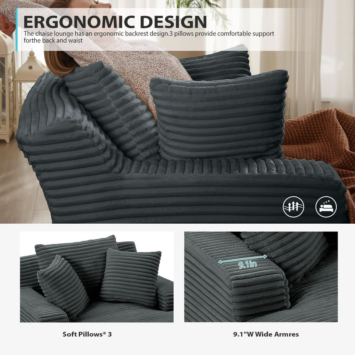 Sumptuously Oversized Dark Grey Chaise Lounge Chair by ShipItFurniture