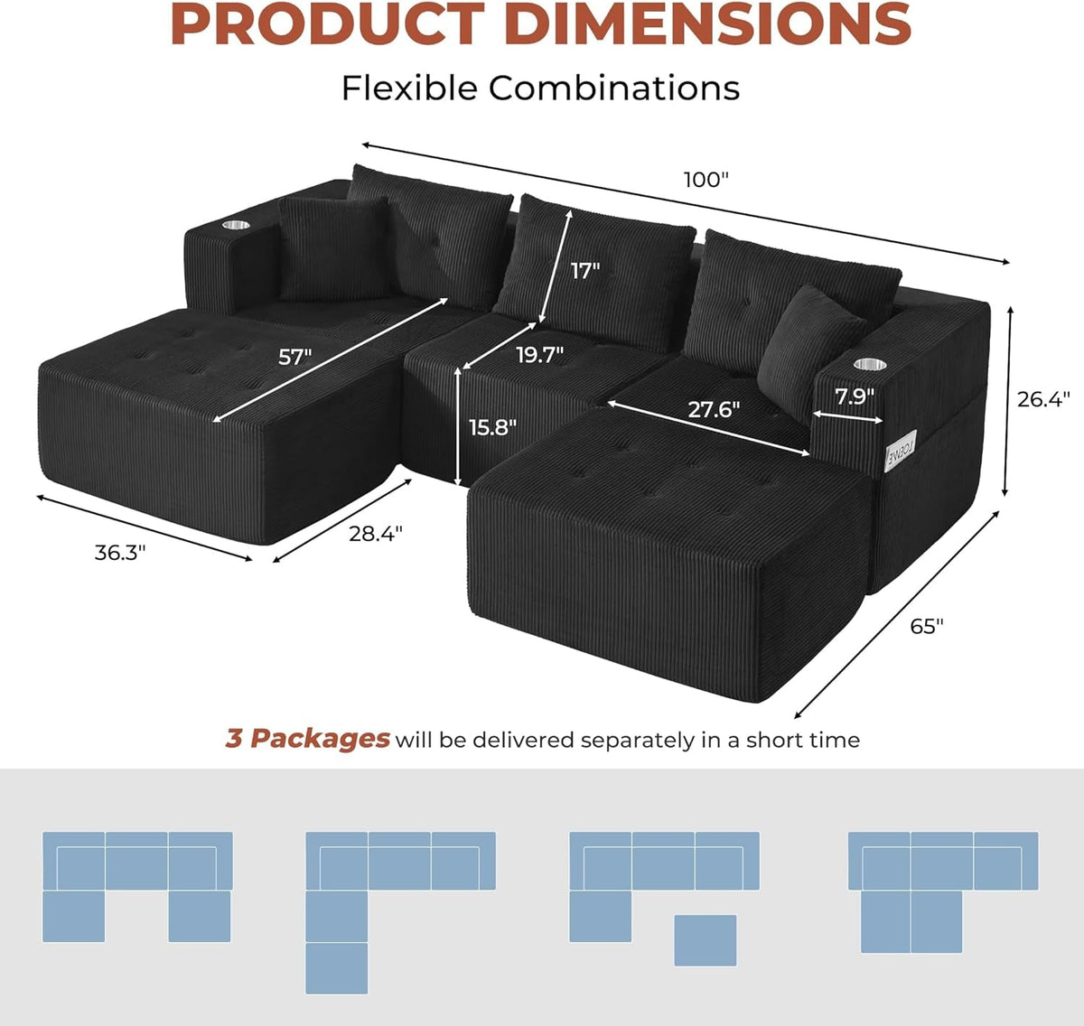 100 Inch U Shaped Oversized Modular Sofa Luxurious Corduroy by ShipItFurniture