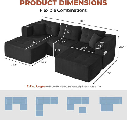 100 Inch U Shaped Oversized Modular Sofa Luxurious Corduroy by ShipItFurniture