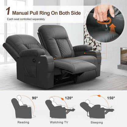 Gray PU Leather Two Seater Recliner Loveseat With USB Ports by ShipItFurniture