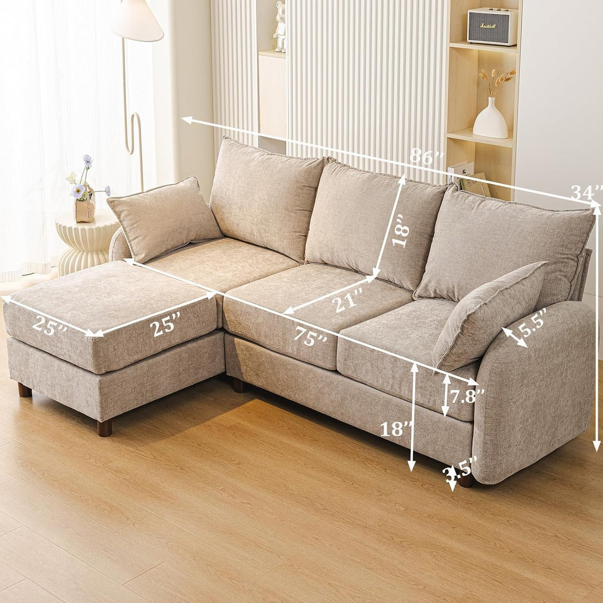 Eighty SixInch Length L Shaped Elegant Sectional Sofa Khaki by ShipItFurniture
