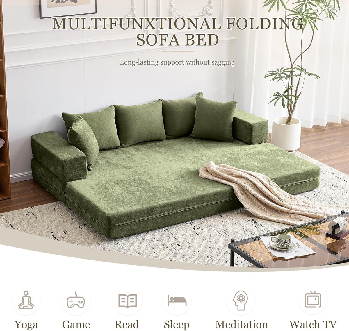 Green 79Inch Convertible Sleeper Couch With Pillows by ShipItFurniture