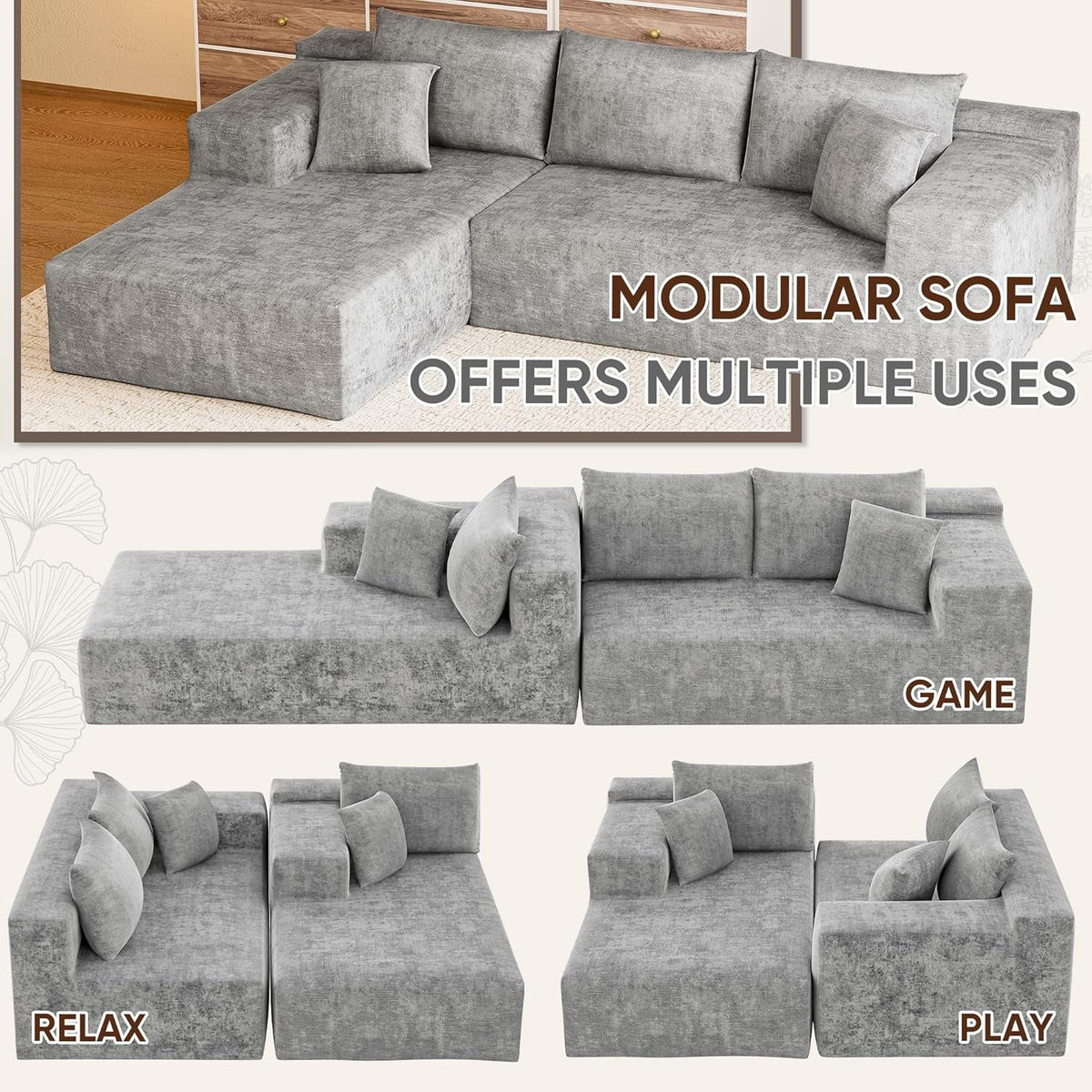 108 Inch Grey Chenille Cloud Sectional Sofa With Deep Seat by ShipItFurniture