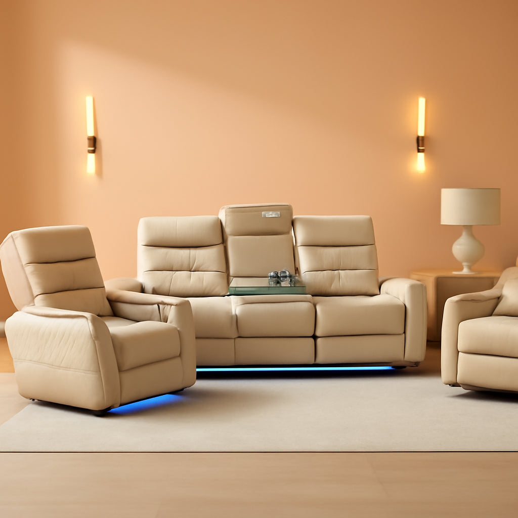Khaki Premium Quality Leather Power Recliner Sofa USB Port by ShipItFurniture