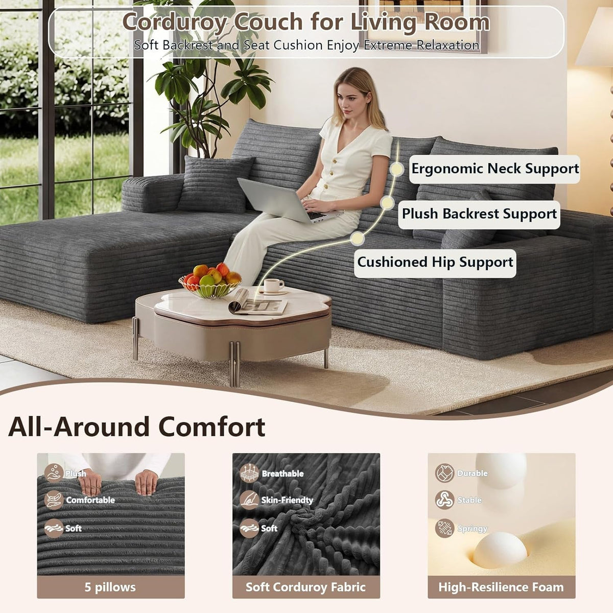 Grey Ninety FiveInch Upholstered Corduroy Sleeper Sofa by ShipItFurniture