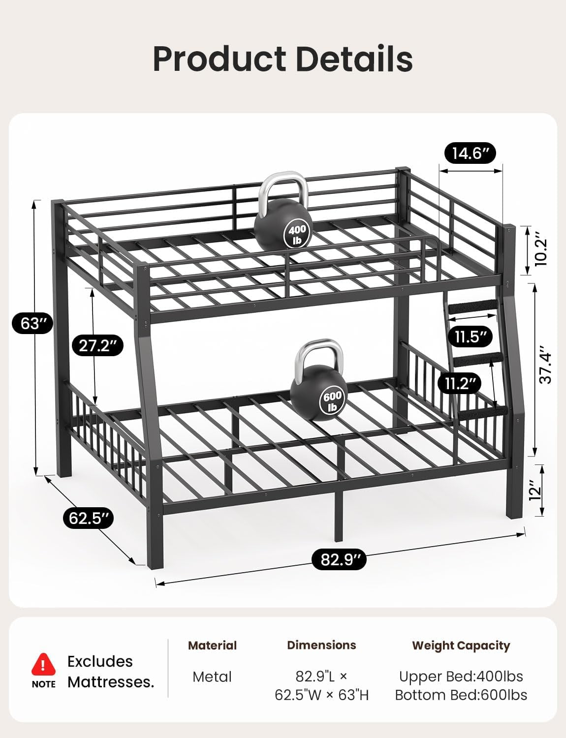Full XL Over Queen Bunk Bed Black Heavy Duty Steel Frame by ShipItFurniture
