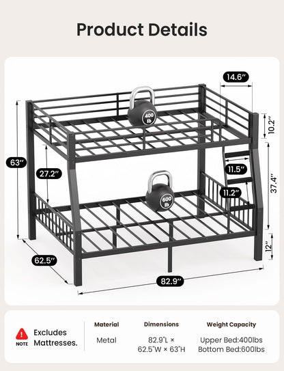 Full XL Over Queen Bunk Bed Black Heavy Duty Steel Frame by ShipItFurniture