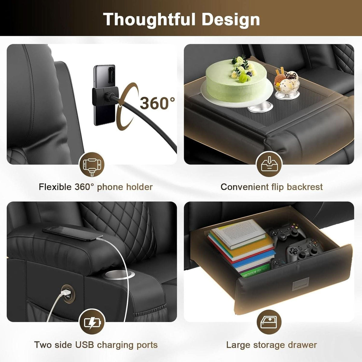 Three Seat Recliner Sofa With Flip Backrest And USB Ports by ShipItFurniture