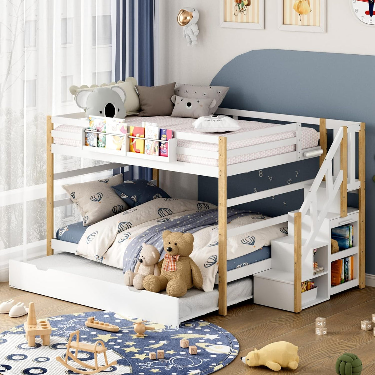 Full Over Full Bunk Bed White Wood Finish Trundle Storage by ShipItFurniture