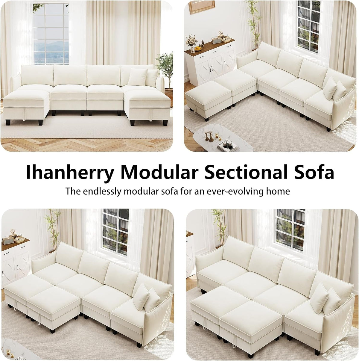 112-Inch Modular U-Shaped Sectional Beige Sofa Ottomans by ShipItFurniture