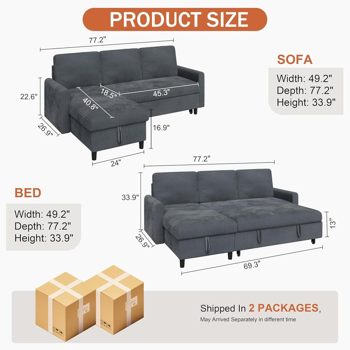 Dark Grey Corduroy Sleeper Sofa With Hidden Storage by ShipItFurniture