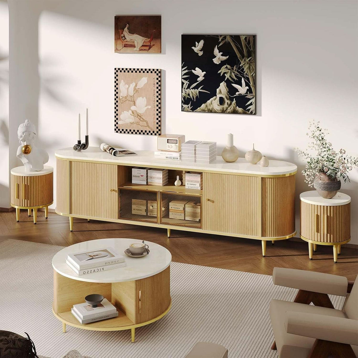 Fluted SeventyInch TV Console Set Premium Wood Coated Edition by ShipItFurniture