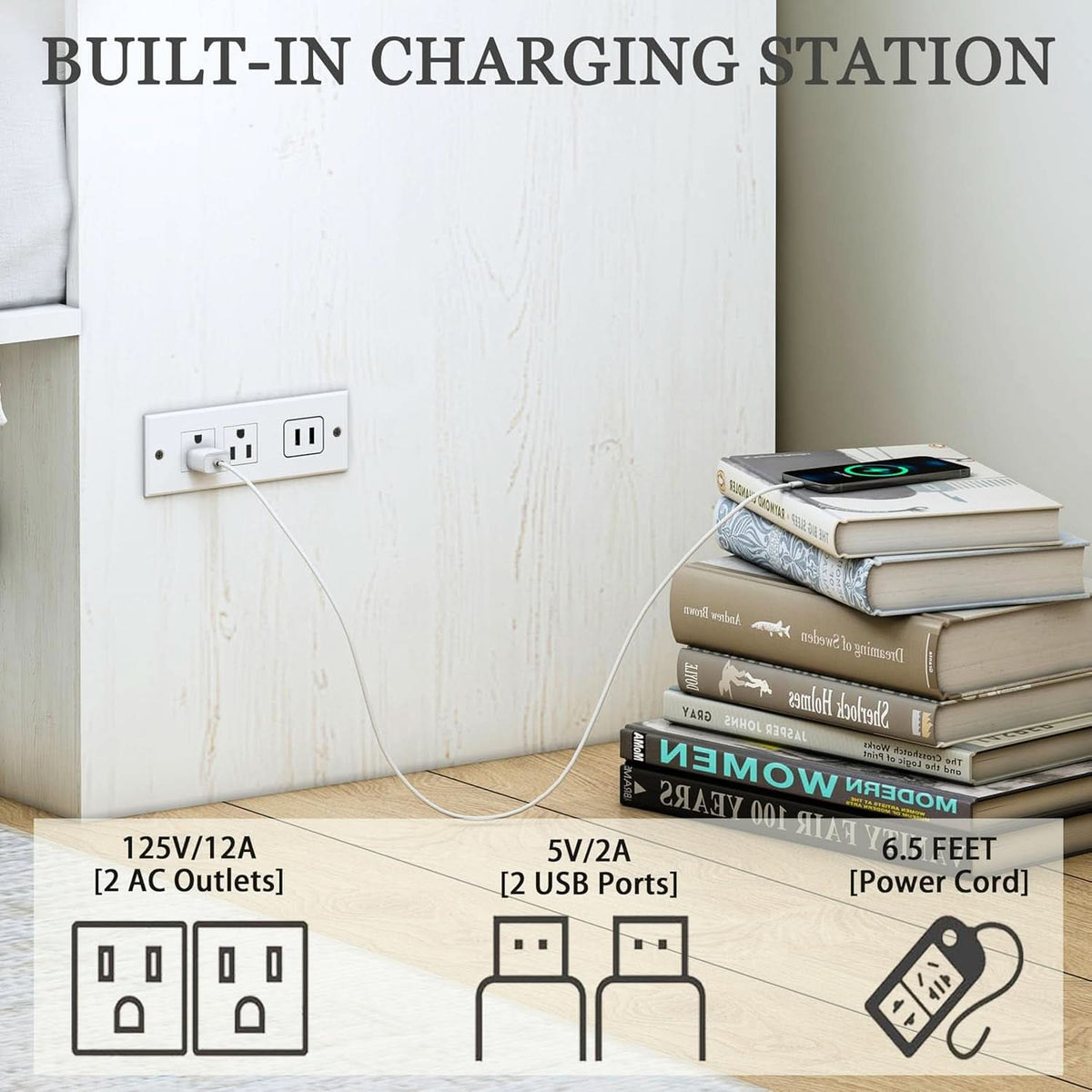 Queen Murphy Bed Frame Integrated Charging Station White by ShipItFurniture
