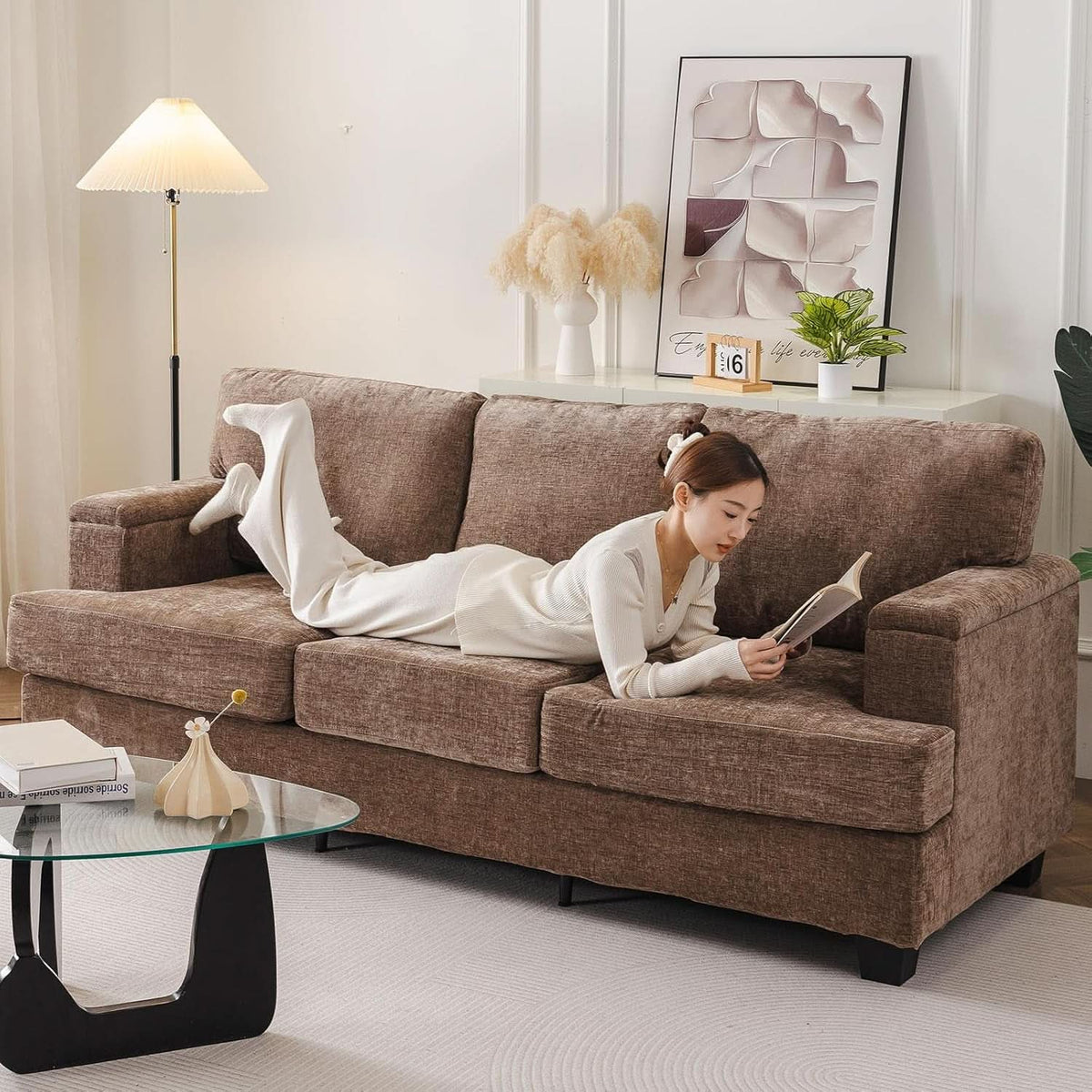 85 Inch L Shaped Couch Armrest Organizer Movable Ottoman by ShipItFurniture