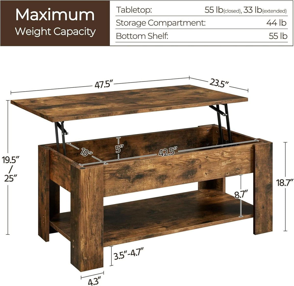 Coffee Table 47.5 Inch Lift Top With Hidden Compartment Rustic Brown by ShipItFurniture