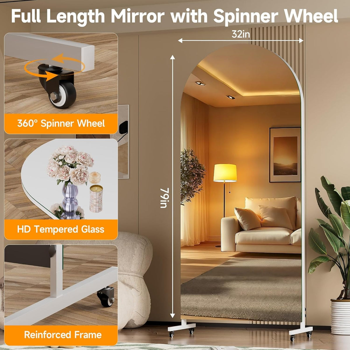 79 Inches Architectural Full Length Mirror Wheeled by ShipItFurniture