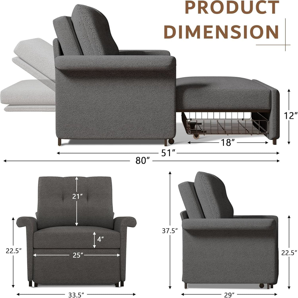 Dark Gray Lambswool Fabric Textured Sofa Bed Chair Storage by ShipItFurniture