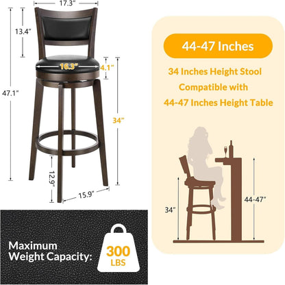 Swivel Bar Stools Set of 2 Black Faux Leather 34 Inch by ShipItFurniture