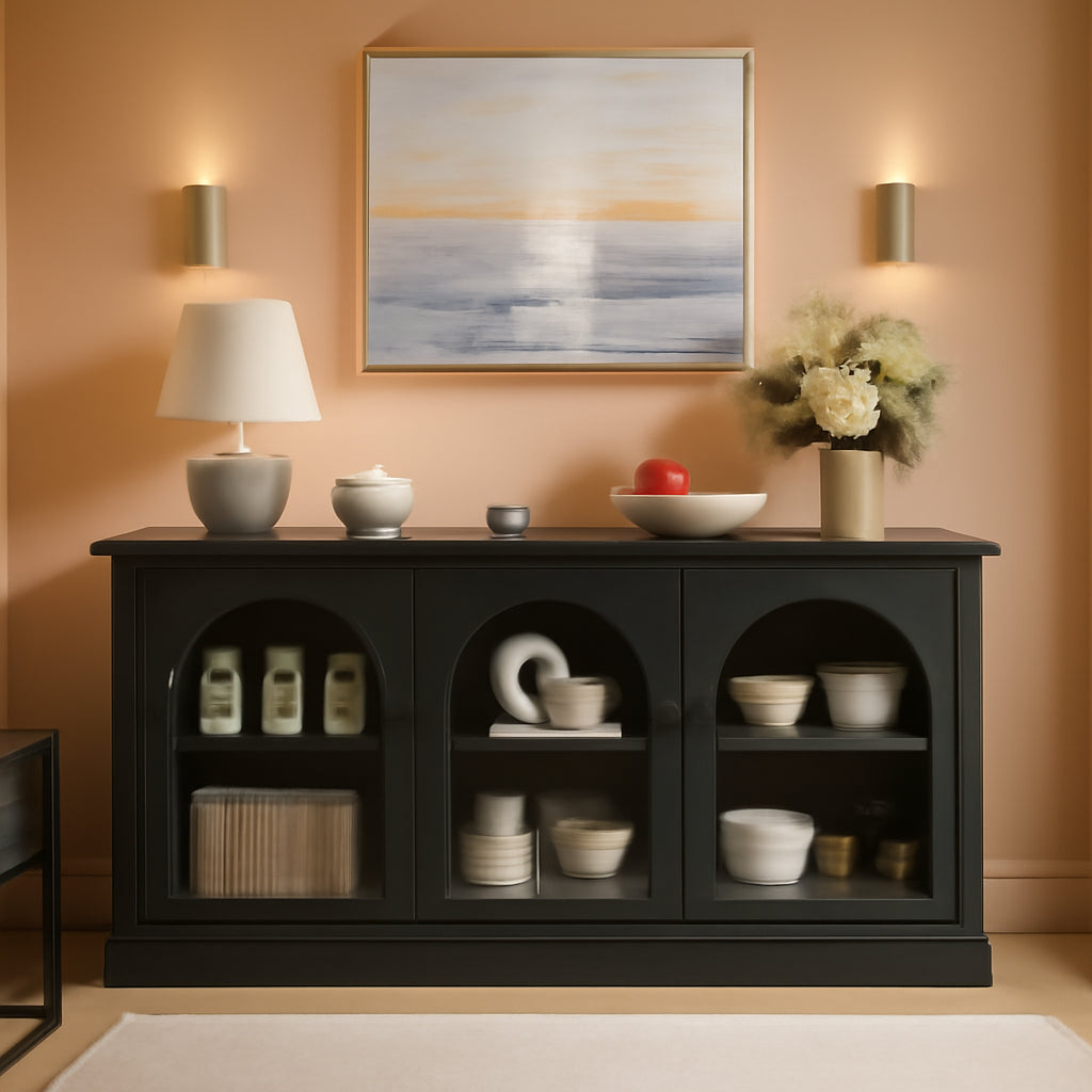 63Inch Black Sideboard Buffet Cabinet Glass Doors Modern by ShipItFurniture