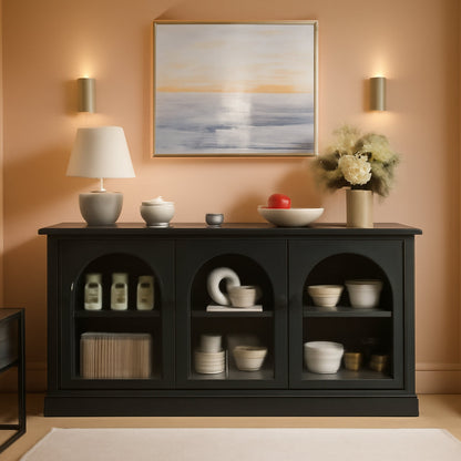 63Inch Black Sideboard Buffet Cabinet Glass Doors Modern by ShipItFurniture