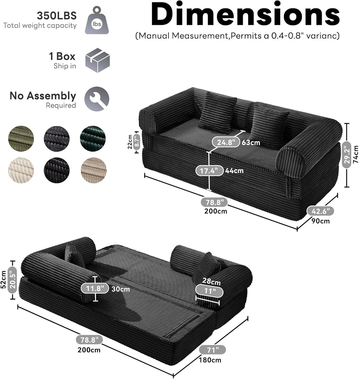 79 Inch Convertible Sofa Bed Black Luxurious Comfort by ShipItFurniture